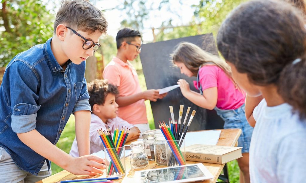 Kinder im Freien, die an einem Tisch mit Malutensilien und Büchern kreativ tätig sind, während zwei Kinder im Hintergrund vor einer Tafel stehen und miteinander kommunizieren.
